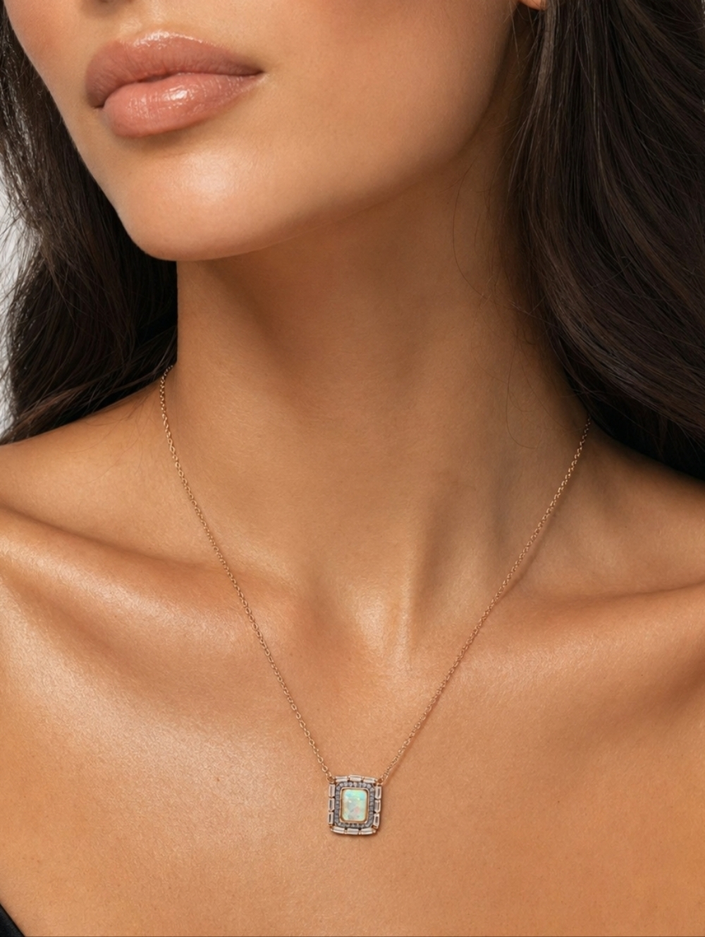 Rose Gold Opal Halo Pendant Necklace - Women's Jewelry - Picture 3 of 7